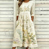 Women’s Embroidered Midi Dress Floral Patchwork Boho Casual Loose Fit Summer Dress with Pockets