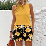 Women's 2 Piece Casual Outfit, Solid Sleeveless Tank Top and Floral Print Drawstring Shorts Set, Summer Vacation Co-Ord