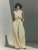 Women's 2-Piece Textured Outfit Set, Sleeveless Mock Turtleneck Top & High Waist Pleated Wide Leg Pants with Pockets