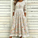 Women’s Embroidered Midi Dress Floral Patchwork Boho Casual Loose Fit Summer Dress with Pockets