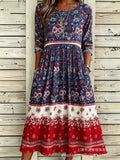 Women’s Embroidered Midi Dress Floral Patchwork Boho Casual Loose Fit Summer Dress with Pockets