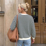 Women’s Striped Sweatshirt Long Sleeve Crewneck Pullover Bow Detail Casual Loose Fit Tops Black White