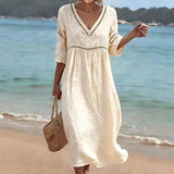 Women's V Neck Eyelet Cutout Midi Dress, 3/4 Sleeve Empire Waist Loose Textured Beach Cover Up Dress