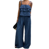 Women's Two-Piece Linen Short Set with Ruffled Top, Casual Beach Vacation Flowy Lounge Pants