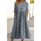 Women’s Embroidered Midi Dress Floral Patchwork Boho Casual Loose Fit Summer Dress with Pockets