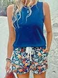 Women's 2 Piece Casual Outfit, Solid Sleeveless Tank Top and Floral Print Drawstring Shorts Set, Summer Vacation Co-Ord