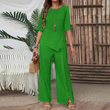 Women 2 Piece Outfit, Button Half Sleeve Shirt & Irregular Hem Long Pants Set, Loose Elegant Casual Matching Suit