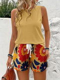 Women's 2 Piece Casual Outfit, Solid Sleeveless Tank Top and Floral Print Drawstring Shorts Set, Summer Vacation Co-Ord