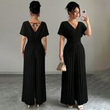 Women’s Elegant Jumpsuit Short Sleeve V Neck Wide Leg Pants Romper Smocked Waist Dressy Casual One Piece Outfit Black