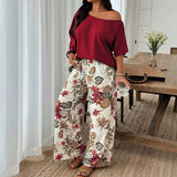 Women's 2 Piece Casual Outfit, Off Shoulder Short Sleeve Solid Blouse and Floral Print Wide Leg Pants Set, Summer Co Ord