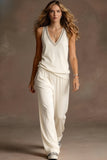Women’s 2 Piece Outfits Sleeveless V Neck Top and Wide Leg Pants Set Casual Lounge Matching Set