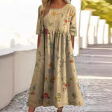 Women’s Embroidered Midi Dress Floral Patchwork Boho Casual Loose Fit Summer Dress with Pockets