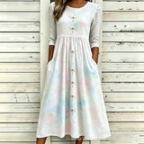 Women’s Embroidered Midi Dress Floral Patchwork Boho Casual Loose Fit Summer Dress with Pockets