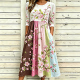 Women’s Embroidered Midi Dress Floral Patchwork Boho Casual Loose Fit Summer Dress with Pockets