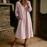 Women's V Neck 3/4 Sleeve Midi Babydoll Dress, Hollow Lace Trim Loose Textured Casual Dress with Side Pockets