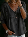 Women's White V-Neck Lace Trim Peplum Blouse with 3/4 Sleeves for Casual Bohemian Style