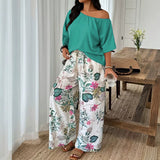 Women's 2 Piece Casual Outfit, Off Shoulder Short Sleeve Solid Blouse and Floral Print Wide Leg Pants Set, Summer Co Ord
