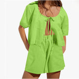 Women 2 Piece Outfit, Summer Casual Plaid Lace-Up Top and Shorts Matching Set for Beach Vacation Puff Sleeve