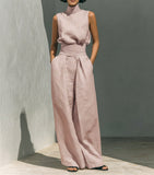 Women's 2-Piece Textured Outfit Set, Sleeveless Mock Turtleneck Top & High Waist Pleated Wide Leg Pants with Pockets