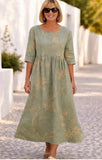 Women’s Embroidered Midi Dress Floral Patchwork Boho Casual Loose Fit Summer Dress with Pockets