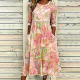 Women’s Embroidered Midi Dress Floral Patchwork Boho Casual Loose Fit Summer Dress with Pockets