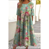 Women’s Embroidered Midi Dress Floral Patchwork Boho Casual Loose Fit Summer Dress with Pockets