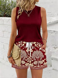 Women's 2 Piece Casual Outfit, Solid Sleeveless Tank Top and Floral Print Drawstring Shorts Set, Summer Vacation Co-Ord
