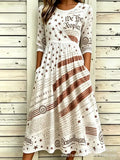 Women’s Embroidered Midi Dress Floral Patchwork Boho Casual Loose Fit Summer Dress with Pockets