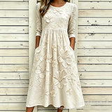 Women’s Embroidered Midi Dress Floral Patchwork Boho Casual Loose Fit Summer Dress with Pockets