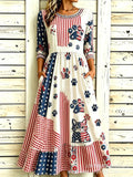 Women’s Embroidered Midi Dress Floral Patchwork Boho Casual Loose Fit Summer Dress with Pockets