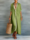 Women’s Cotton Button Down Maxi Shirt Dress Short Sleeve Collared Loose Fit Casual Vacation Dress Green