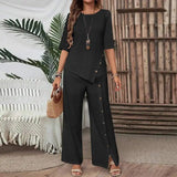 Women 2 Piece Outfit, Button Half Sleeve Shirt & Irregular Hem Long Pants Set, Loose Elegant Casual Matching Suit