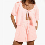 Women 2 Piece Outfit, Summer Casual Plaid Lace-Up Top and Shorts Matching Set for Beach Vacation Puff Sleeve