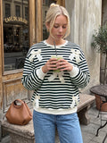 Women’s Striped Sweatshirt Long Sleeve Crewneck Pullover Bow Detail Casual Loose Fit Tops Black White