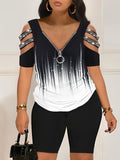 Women Plus Size Printed 2 Piece Outfit, Short Sleeve Zipper Top & Casual Shorts Set, Fashion Tracksuit for Daily Outdoor