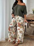 Women's 2 Piece Casual Outfit, Off Shoulder Short Sleeve Solid Blouse and Floral Print Wide Leg Pants Set, Summer Co Ord