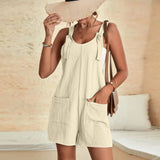 Women Knot Strap Short Overalls Sleeveless Loose Bib Shorts With Side Pockets Casual Summer Romper