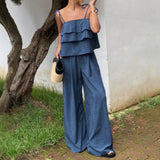 Women's Two-Piece Linen Short Set with Ruffled Top, Casual Beach Vacation Flowy Lounge Pants