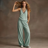 Women’s 2 Piece Outfits Sleeveless V Neck Top and Wide Leg Pants Set Casual Lounge Matching Set