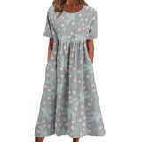 Women’s Embroidered Midi Dress Floral Patchwork Boho Casual Loose Fit Summer Dress with Pockets