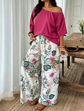 Women's 2 Piece Casual Outfit, Off Shoulder Short Sleeve Solid Blouse and Floral Print Wide Leg Pants Set, Summer Co Ord