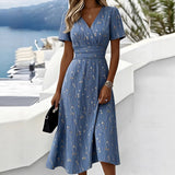 Women’s Floral Midi Dress Short Sleeve V Neck A Line Summer Dress Casual Wedding Guest Dress Blue