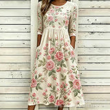 Women’s Embroidered Midi Dress Floral Patchwork Boho Casual Loose Fit Summer Dress with Pockets