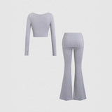 Women's Grey Casual Two Piece Outfit Square Neck Long Sleeve Crop Top and High Waist Flare Pants Coordinated Set