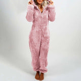 Women's Plush Fleece Hooded Jumpsuit Cozy Mid-length Zip-up Romper with Heart Pattern Harem Pants for Autumn Winter