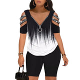 Women Plus Size Printed 2 Piece Outfit, Short Sleeve Zipper Top & Casual Shorts Set, Fashion Tracksuit for Daily Outdoor