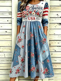 Women’s Embroidered Midi Dress Floral Patchwork Boho Casual Loose Fit Summer Dress with Pockets