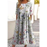 Women’s Embroidered Midi Dress Floral Patchwork Boho Casual Loose Fit Summer Dress with Pockets
