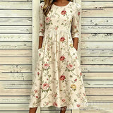 Women’s Embroidered Midi Dress Floral Patchwork Boho Casual Loose Fit Summer Dress with Pockets