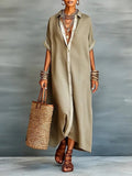 Women’s Cotton Button Down Maxi Shirt Dress Short Sleeve Collared Loose Fit Casual Vacation Dress Green